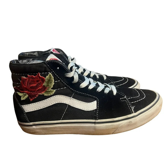 Vans Sk8-Hi Black Suede High Top Rose Embroidered Unisex Sneakers M6.5 / W8.0 - Picture 8 of 10